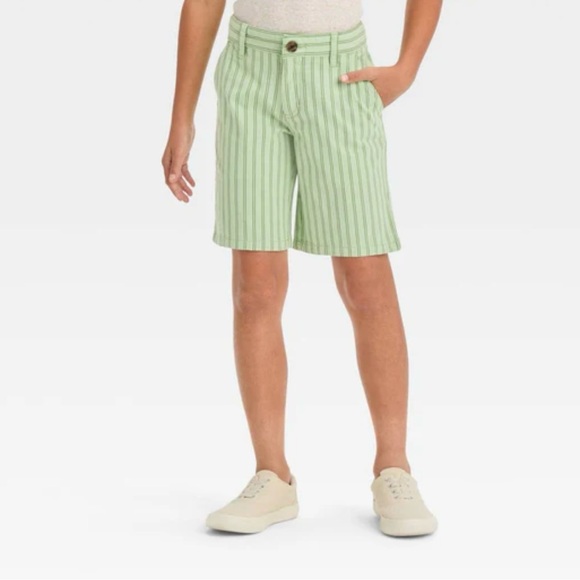 Cat & Jack Other - Cat & Jack, Flat-Front Shorts, Green Stripe, Cotton Stretch, Adjustable Waist
